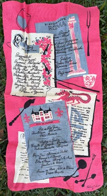 Vintgage Tammis Keefe RISTORANTE ROMA Pink Linen Tea Towel Dragon Rooster RARE! - Image 1 of 4