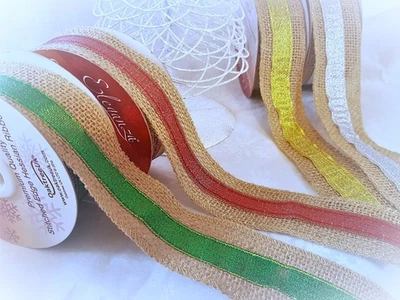 Christmas HESSIAN & LUREX Woven Edge Eleganza ribbon 38mm - 4 Colours Last Stock
