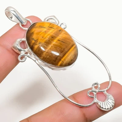 Occhio di Tigre Gemma Fatto a Mano 925 Argento Sterling Ciondolo Gioielli 7.6cm - Immagine 1 di 4