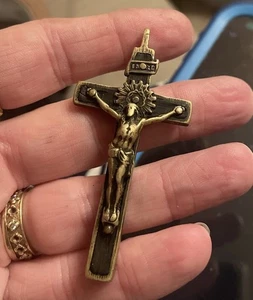 Virgin Mary Medal French Brass Crucifix 1800s Cross Pendant 3” Rosary Necklace - Picture 1 of 14