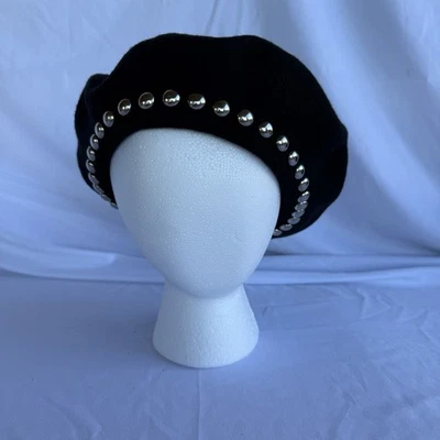 Vintage Black Beret French Hat 100% Wool With Silver Studs Around - Image 1 of 4