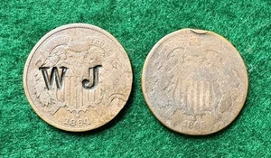US Two Cent Piece Lot, 2 Coins, Bronze, G, VG Circulated Condition, Over Stamp - Picture 1 of 6