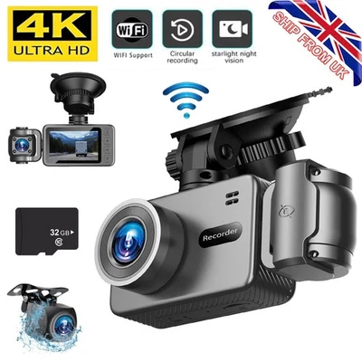 4K Dash Cam Front and Rear View Car Camera Night Vision with 32G Built in WiFi - Image 1 of 4