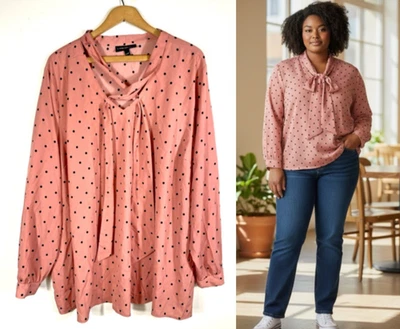 Lane Bryant Top Pink Polka Dot Neck Tie Bow Rockabilly Retro Career Pinup 26/28 - Image 1 of 4
