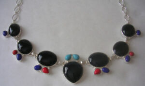 Sterling Silver Black ONYX TURQUOISE CORAL LAPIS LAZULI Gemstone Choker Necklace