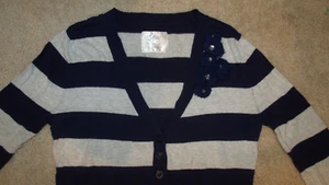 Justice Girls Button Cardigan Sweater-Blue/Gray Striped-3D Flowers-Slim Fit-16 - Picture 1 of 3