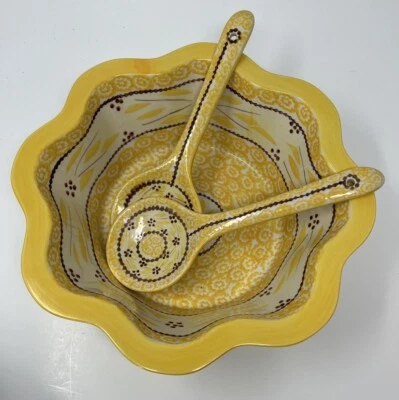 Temptations by Tara Old World Yellow 3 Qt Salad Serving Bowl & Tongs - Image 1 of 4