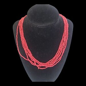 Red Multi Strand Seed Bead Necklace Silver Tone  18"-20"