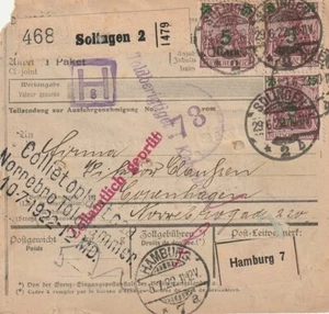 GERMANY/REICH: Parcel  Solingen to Denmark 1922, Arr.canc. - Picture 1 of 2