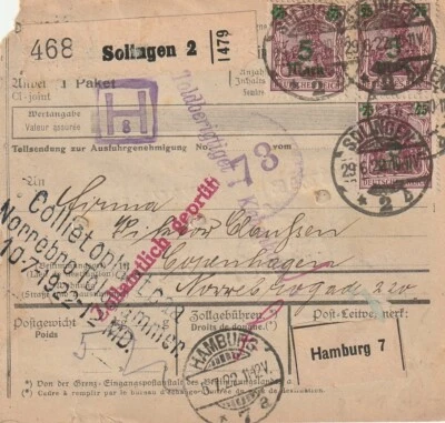 GERMANY/REICH: Parcel  Solingen to Denmark 1922, Arr.canc. - Image 1 of 2