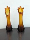 Pair 2x Vintage Swing Stretch Amber Glass Vases Retro 60s Chic