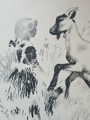 Dibujo original vintage de cabra y su cabra 10 3/4 X 9 3/4" Foto 1 de 4