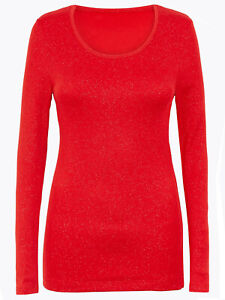 M&S JAPANESE THERMAL HEATGEN PLUS LONG SLEEVE CHILLI RED SPARKLE SCOOP NECK TOP