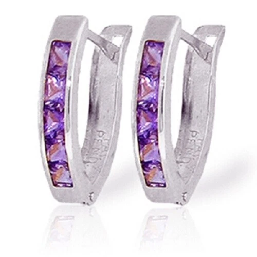  0.85 Carat 14K Solid White Gold Oval Huggie Earrings Purple Amethyst - Image 1 of 1