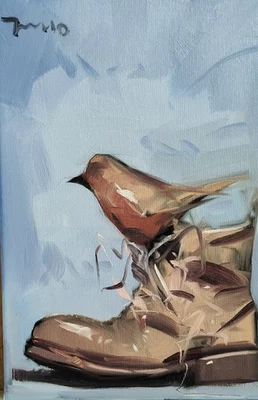 JOSE TRUJILLO Oil Painting IMPRESSIONISM Collectible ORIGINAL Boot Bird Signed - Image 1 of 4