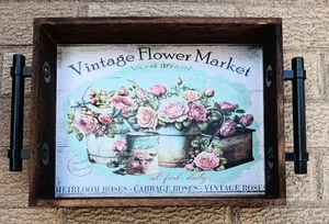 Handmade Wood Serving Tray Home Decor - Featuring vintage Flowers Walnut Finish - Picture 1 of 3