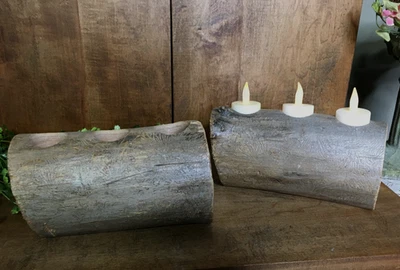 Rustic Log Candle Holders Lot of 2 Real Wood Hand Crafted Tea Light Cabin Decor - Image 1 of 4