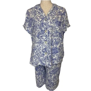 LAUREN RALPH LAUREN Women's XL Pajama Set Blue White Paisley Monogram Button Up - Picture 1 of 1