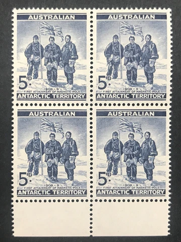 1961 5d blue Australian Antarctic Territory Explorers MNH Block of 4 Stamps Cover