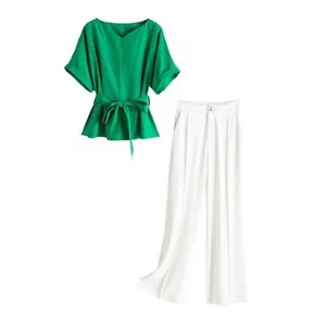 Wide Leg Pants Two-Piece Set Fashion V-Neck Casual Suit Women's Summer 2Pc Set - Picture 1 of 8