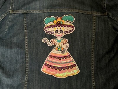Catrina Applique Dia de Muertos Iron on Patch Large Floral Sequin & Fabric Nice! - Image 1 of 4
