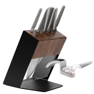 Global Knives 7pc Katana Walnut Knife Block Set & Mino Sharpener - Picture 1 of 5