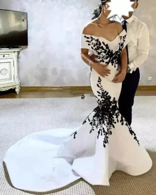 Black And White Mermaid Wedding Dresses Satin Long Bridal Gown Lace Applique ﻿ - Image 1 of 4
