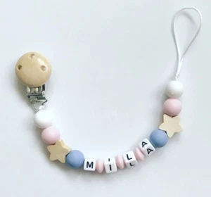 Catenella Ciuccio Fiocco Nuckelkette Beißkette con Nome Rosa Lilla, Bianco - Bild 1 von 1