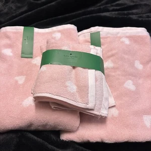 Kate Spade New York Chalk Pink White Hearts 6 Piece Towel Wash Cloth Set - Picture 1 of 4