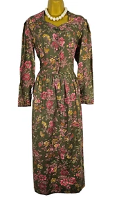 Vintage Laura Ashley A-Line Dress Brown UK14 Floral Cotton Wool Midi 80s Retro - Picture 1 of 14