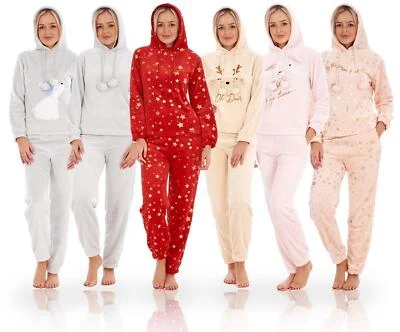 MOONJAMS New Ladies Women Plush Luxury Soft Hooded Pockets PJ'S Mink Fleece Pyjamas