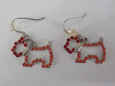 DANGLE EARRINGS SPARKLY SCOTTISH TERRIER FAUX RED PINK DIAMONDS FASHION JEWELRY - Image 1 of 4
