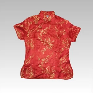 Chinese Traditional Blouse Womens Small Red Gold Cheongsam Asian Oriental Satin - Picture 1 of 13