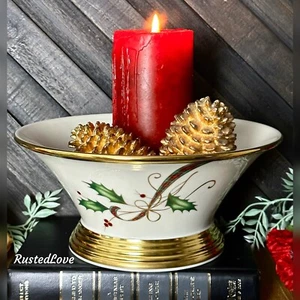 Lenox Holiday Nouveau Round Vegetable Candy Bowl Holly and 24 K Gold Accent USA - Picture 1 of 13