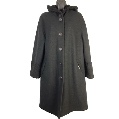 Geiger Collections Coat Womens 38 L Black Boucle trim Wool Hood Button Up - Image 1 of 4