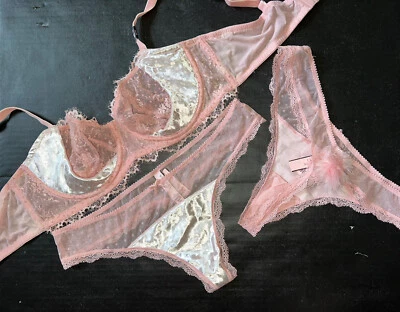 Victoria's Secret JUEGO SUJETADOR 36C M Tanga Lote ROSA Encaje TERCIOPELO Terciopelo Flock Foto 1 de 4