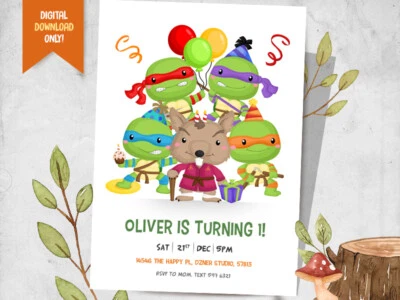 Ninja Turtle DIGITAL Invite + FREE Thank You Card, Turtle Party Card - YOU PRINT - Image 1 of 2