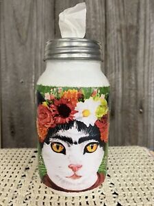 Frida Kahlo Cat, Mason Jar Tissue Holder Chalk Painted