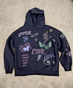 Zara Girls Hoodie 13-14 Black Goth Punk Graphic Y2K Music Skull Emo Style EUC - Picture 1 of 8