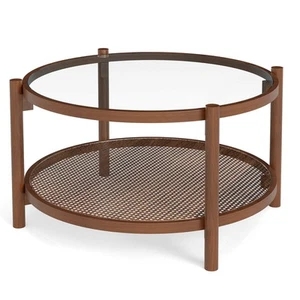 Wooden 31" Round Coffee Table w/ Tempered Glass Top Handmade Rattan Shelf - Picture 1 of 11
