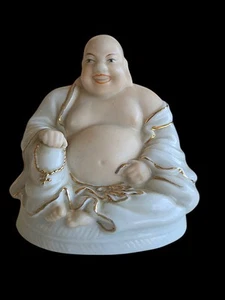 Figura Buda Feliz Monti Llardo Diseño Porcelana en España Borde Oro Blanco Han - Imagen 1 de 9