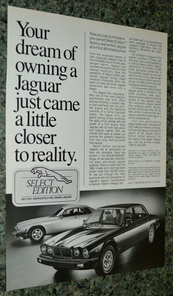 1986 JAGUAR VANDEN PLAS-XJ6-XJS ORIGINAL ADVERTISEMENT AD PRINT 86 XJ-6 XJ-S - Image 1 of 1