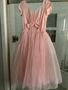 Vintage 50er Jahre rosa Ballkleid Organdy, Satin, Netz Satin Schleife vorne & hinten, Ärmel - Bild 1 von 10