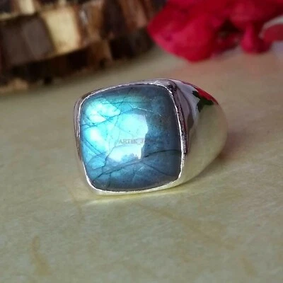Naturale Pietra Labradorite Con 14K Placcato Oro Bianco Argento Uomo Anello #943 - Immagine 1 di 4