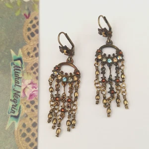 Michal Negrin Earrings Waterfall Chandelier Ethnic Crystals Brown Blue Romantic - Picture 1 of 14