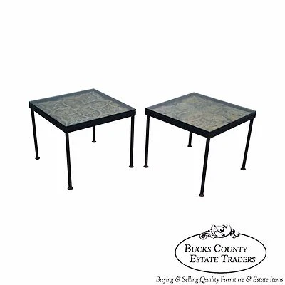 Custom Pair of Square Iron Frame Glass Top Side Tables w/ Tin Panels - Image 1 of 4