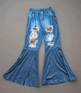 Girls Stretch Pants Sz 11 / 12 Flare Bell Bottom High Waist Distressed Jean Look - Picture 1 of 9