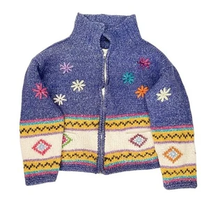Otavalo Native American Kids Girls Sweater Coat Wool Blend Floral Hand Made - Picture 1 of 17