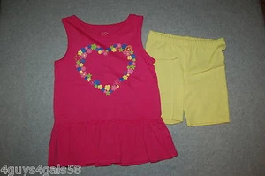 Girls Outfit PINK RUFFLED TANK TOP Flower Heart YELLOW BIKE SHORTS Size 4 - Picture 1 of 1