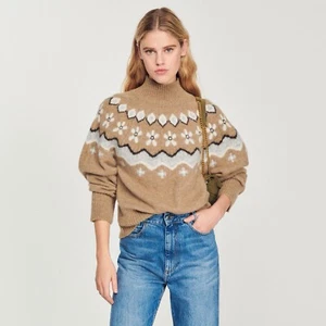 SANDRO Jacquard Fair-isle Turtleneck Jumper Alpaca Wool Brown Sz 0 XS UK 6, US 2 - Picture 1 of 11